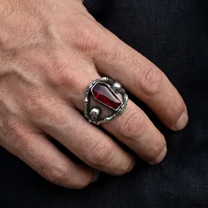 Detailed view of a gothic skull coffin ring made of vintage stainless steel on a man's hand