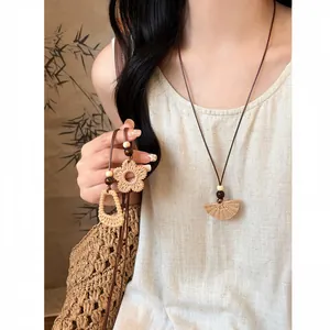 Bohemian Resin Woven Pendant Necklace For Women Handmade Geometric Flower Fan Shape Long Rope Chain Ethnic Vacation Jewelry
