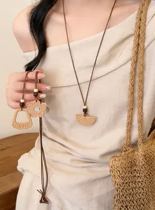 Bohemian woven pendant necklace with wooden beads for summer vacation beach style