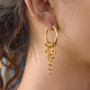 Close-up detail of 18K gold stainless steel multi-layer chain tassel earrings on model