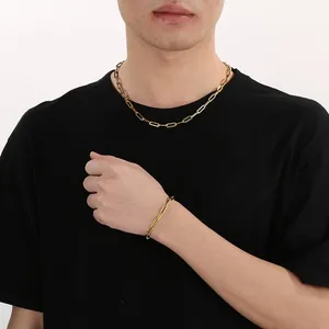 Detailansicht von minimalistischem Gold-Büroklammerkette-Halskette-und-Armband-Set am Modell