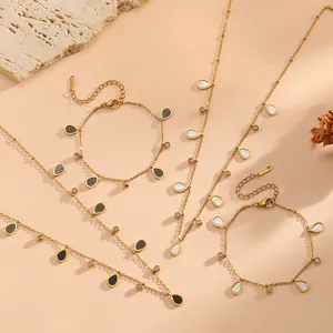 Detail view of gold-plated stainless steel teardrop jewelry set with crystal accents