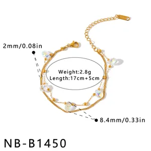Detailed dimensions of women's gold plated stainless steel bracelet with acrylic beads.