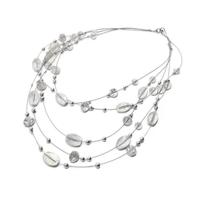 Multi-layer Bohemian vintage crystal necklace with irregular clear beads and silver finish