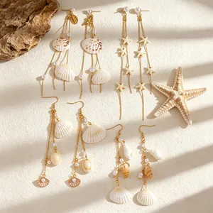 Detailed view of ocean-themed earrings set with shells, starfish, and pearls.