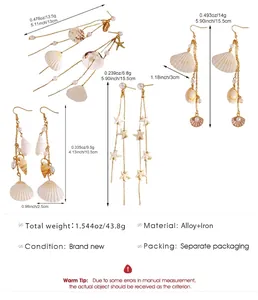 Vue détaillée des boucles d'oreilles coquillage et étoile de mer avec poids et taille