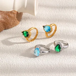 Varios colores de anillos de circón lágrima en acero inoxidable chapado en oro 18K