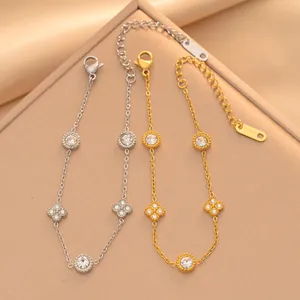 Women Titanium Steel 18K Gold Plated Bracelet Minimalist Floral Circle Rhinestone Inlaid Adjustable Link Bracelet Gift