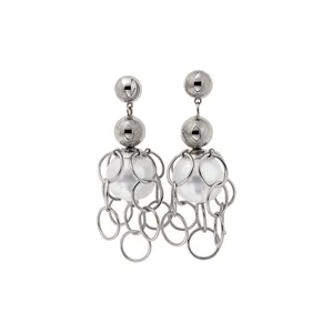 Punk style silver needle earrings featuring engraved spheres and pearl in a ring cage
