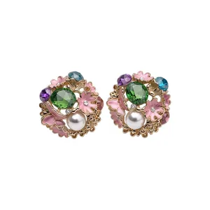 Vintage palace style enamel flower stud earrings with pearl and colorful crystals decor