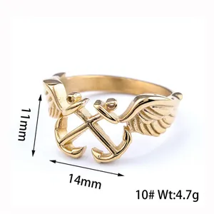 Gold-toned stainless steel anchor and wings punk ring with size and weight details