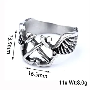 Vintage stainless steel anchor wing punk ring with detailed size and weight specs