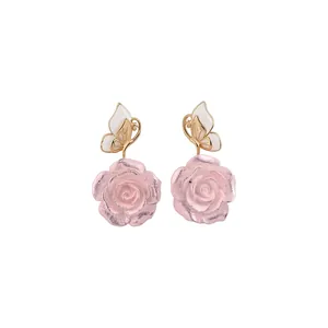 Elegant butterfly and pink rose stud earrings with gold finish and enamel details
