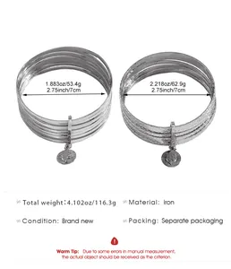 Detailed size and weight specifications for these vintage silver multi-layer coin bangles.