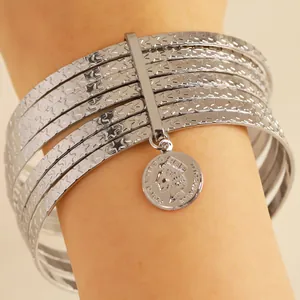 Retro silver alloy bangle set with star pattern engraving and coin charm pendant