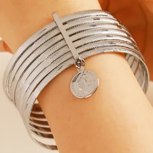 Silver multi-layer wide bangle set featuring retro Queen Elizabeth II coin charm