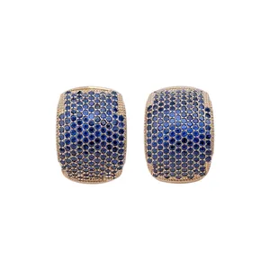 Elegant square gold-tone stud earrings featuring micro-pave sapphire blue zircons.