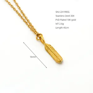 Collier pendentif plume en acier inoxydable plaqué or 18K, SKU:ZA1990G chaîne 45cm