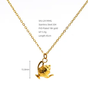 Collier pendentif théière en acier inoxydable 304 plaqué or 18K, longueur de 45cm