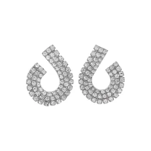 Elegant geometric silver stud earrings encrusted with sparkling clear crystals