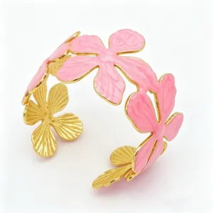 Bracciale rigido francese in acciaio inossidabile con fiori in smalto rosa e oro