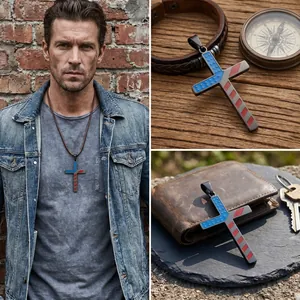 Detail shots of men's stainless steel American flag cross pendant with lifestyle props