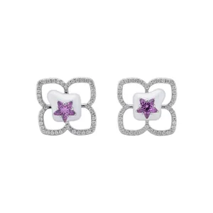 Elegantes pendientes minimalistas de flor y estrella con circonitas y gema púrpura