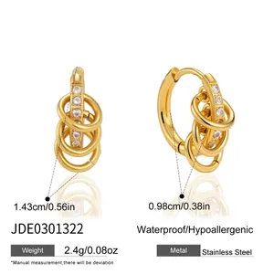 Detailed view of gold stainless steel multi-ring hoop earrings with dimensions and weight