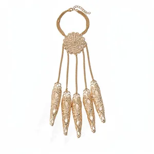 Ornate bohemian gold hollow-out finger cot slave bracelet with intricate floral shield design