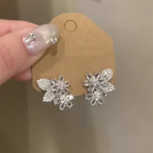 Eleganti orecchini a perno a fiori e foglie in argento con zirconi cubici scintillanti