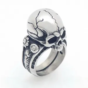 Gothic vintage titanium steel skull ring with cracked texture and floral punk design
