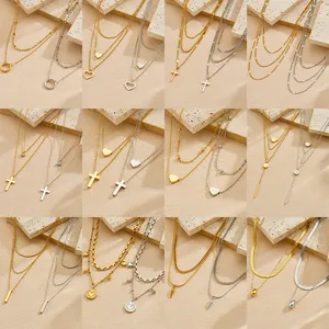 Luxury 304 Stainless Steel Layered Pendant Necklace Gold Plated Heart Cross Waterdrop Rhinestone Multi Layer Jewelry for Women