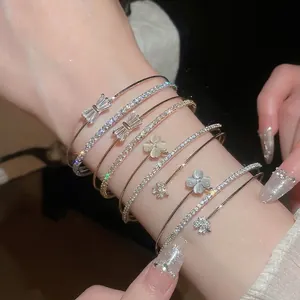 Koreanische Mode Zweischichtiger Offener Quadratischer Zirkonia Armreif Damen Luxus Minimalistisch Kupfer Armband Schmuck Geschenk