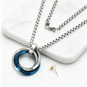 Collier Pendentif Trois Anneaux Entrelacés Hip Hop Acier Inoxydable Strass Géométrique Maille Miroir Pour Hommes Femmes