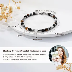 Detail view of healing crystal bracelet with natural tiger's eye and obsidian beads