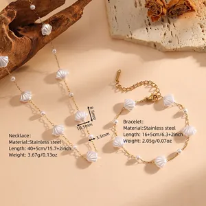 Stainless steel white shell necklace and bracelet set specifications and size details.