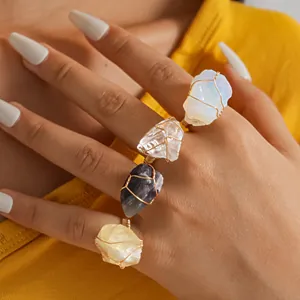 Natural Crystal Raw Stone Wire Wrapped Ring Alloy Handmade Adjustable Open Ring Geometric Light Luxury Women Jewelry