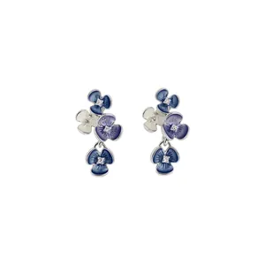 Elegant silver needle flower earrings with sparkling crystals in blue and white colors