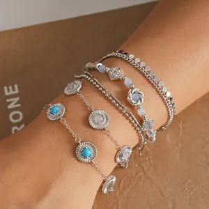 Pulsera de Aleación Retro con Textura Redonda de Resina para Mujer Plata Rosa Azul Boho Chic Pulsera de Dije Joyería