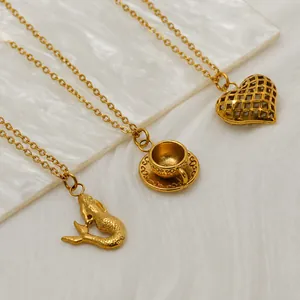 Collier Pendentif en Acier Inoxydable Plaqué Or 18K pour Femmes Sirène Amusante Tasse à Café Coeur Animaux Chien Oiseau Homard Bijoux