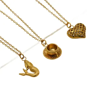 Collier en acier inoxydable plaqué or 18K avec pendentifs sirène cœur et café