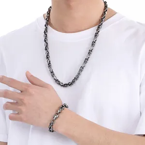 Détail rapproché d'un ensemble collier et bracelet en acier inoxydable à maillons minimalistes