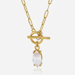 Minimalist Stainless Steel Paperclip Chain Pendant Necklace For Women Marquise Zirconia Rhinestone Toggle Clasp Jewelry