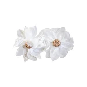 French retro mesh flower stud earrings with woven straw center for women and girls