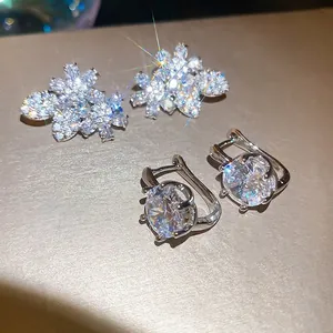 Elegant flower leaf and round zircon silver needle stud earrings for women jewelry set