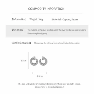Measurement details of circular zircon stud earrings with silver needles and gold plating.