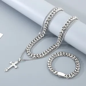Conjunto de collar de cadena cubana de doble capa para hombre con colgante de cruz.