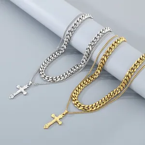 Conjunto de collar de doble capa para hombre con colgante de cruz de titanio.