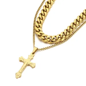 Conjunto de collares de doble cadena cubana dorada con colgante de cruz de crucifijo