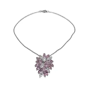 Elegant silver-tone necklace featuring a layered pink and clear zircon floral pendant